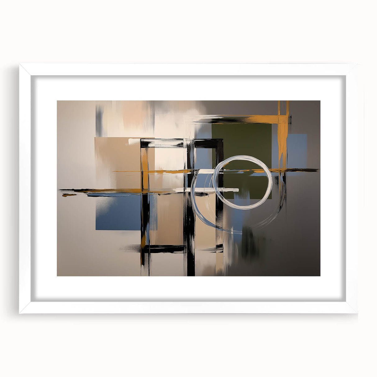 Abstract geometric frame in a white mat, showcasing a modern design with sharp angles and soft colors, perfect for contemporary home decor or office spaces.