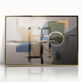 Framed geometric abstract art piece with gold accents, showcasing intricate patterns against a sleek black background, perfect for modern home decor.