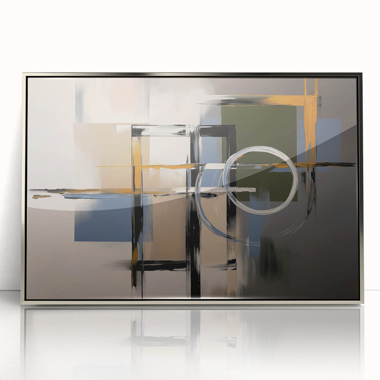 Framed acrylic art piece showcasing an abstract geometric design in stylish silver tones, ideal for modern home decor, adding elegance and sophistication to any space.