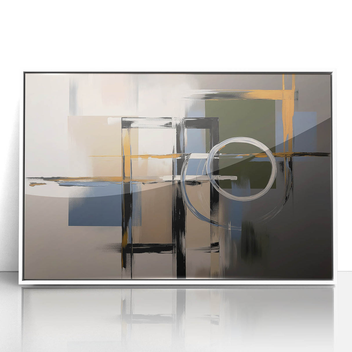 Framed acrylic wall art showcasing an abstract geometric design in white and gray tones, perfect for modern home decor, enhancing any living space with sophistication.