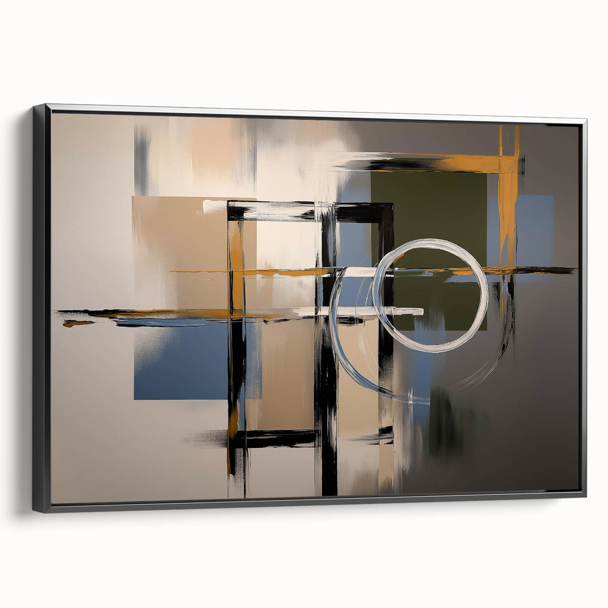Framed canvas artwork showcasing an abstract geometric design in black, viewed from the side, perfect for modern home decor. Ideal for enhancing contemporary interiors.