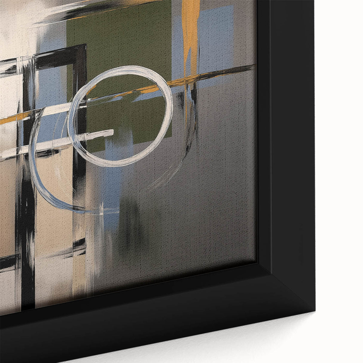 Abstract geometric framed canvas artwork showcasing vibrant colors and intricate patterns, ideal for modern home decor. The close-up view highlights the texture and detail, emphasizing its artistic appeal perfect for contemporary interiors.