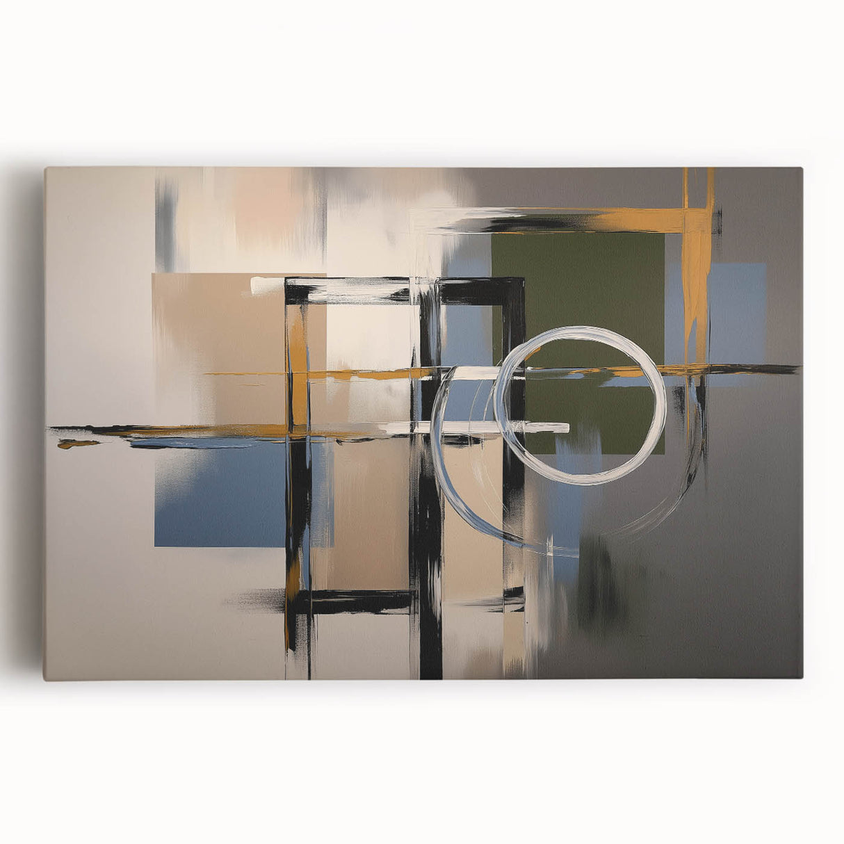 Abstract geometric stretched canvas artwork in vibrant hues of blue and orange, showcasing a modern design ideal for contemporary home decor. Perfect for adding a pop of color to living spaces or offices.