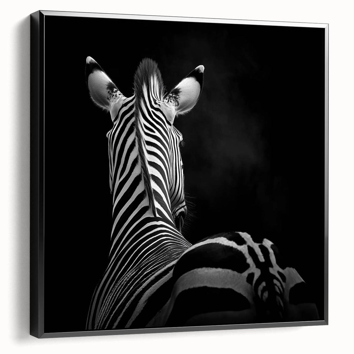 Framed canvas artwork showcasing a detailed animal design with a black border, viewed from the side, perfect for home decor or wildlife enthusiasts.
