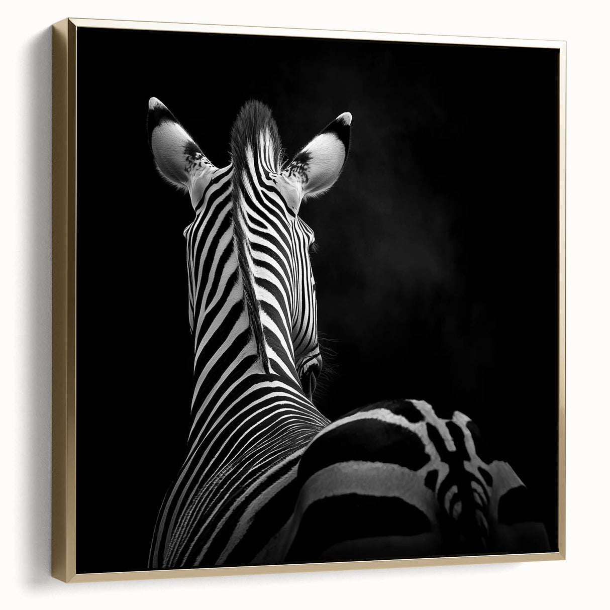 Framed canvas artwork showcasing a vibrant design of various animals in silver and gold hues, elegantly displayed against a white background, perfect for enhancing home decor.