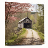 Side view of a covered bridge depicted in large abstract wall art on acrylic glass.