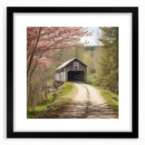 Extra large abstract art print of a colorful, textured bridge scene on a black framed canvas, ideal for living room decor.