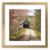 Extra large abstract art print of a covered bridge, featuring textured details in gold and brown tones, framed with a mat.