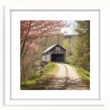 Abstract art print of a covered bridge in muted gray and blue tones on a framed canvas, ideal for dining room decor.