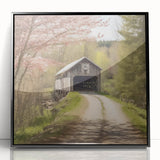 Large abstract wall art featuring a mid-century modernist covered bridge design in black and gray tones.
