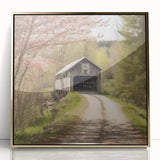 Mid-century modernist style large art print of a covered bridge in muted earth tones on a framed acrylic.