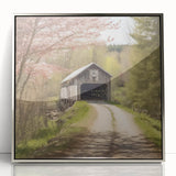 Mid-century modernist art depicting a covered bridge in muted earth tones, framed acrylic, ideal for nursery wall art.
