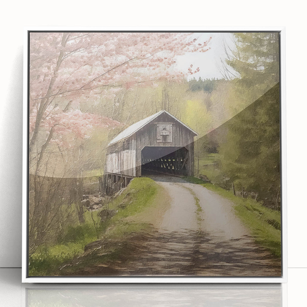 Art deco style bridge illustration in muted gray and blue tones on a white framed acrylic.