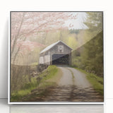 Art deco style bridge illustration in muted gray and blue tones on a white framed acrylic.