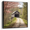 Black and white framed canvas of a vintage-style covered bridge landscape, ideal for bedroom wall decor.