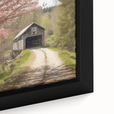 Black wall art of a covered bridge, featuring textured, colorful art on a framed canvas, ideal for living room decor.