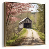 Framed canvas featuring a vintage-style landscape with a covered bridge in muted silver and gold tones.