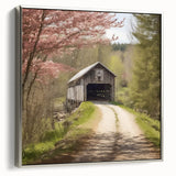 Framed canvas depicting a vintage-style landscape with a covered bridge, rendered in black and colorful hues.