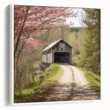 Vintage poster art of a covered bridge, framed canvas in white, suitable for living room decor.
