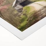 Art deco poster of an architecture-covered bridge in muted gray and blue tones, printed on rolled canvas.