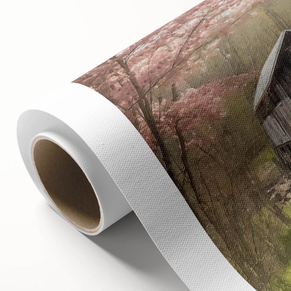 Art deco style poster featuring a covered bridge, rendered in soft pastel colors on rolled canvas.