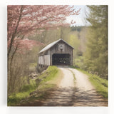 Black and white photograph of a covered bridge on stretched canvas, suitable for kitchen wall art.