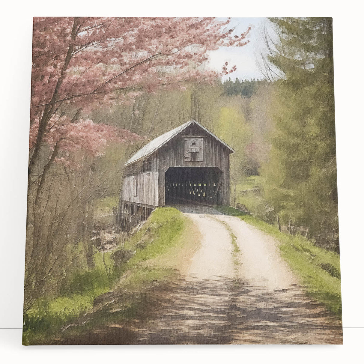 Black and white photo of a covered bridge on stretched canvas, suitable as kitchen wall art or for bedroom ambiance.