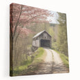 Side view of a large stretched canvas depicting a covered bridge in muted earth tones, suitable for kitchen wall art.