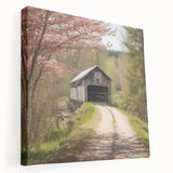 Side view of a large stretched canvas depicting a covered bridge in muted earth tones, suitable for kitchen wall art.