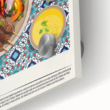 Large abstract wall art featuring assorted food dishes in vibrant colors on acrylic glass, ideal for dining room decor.