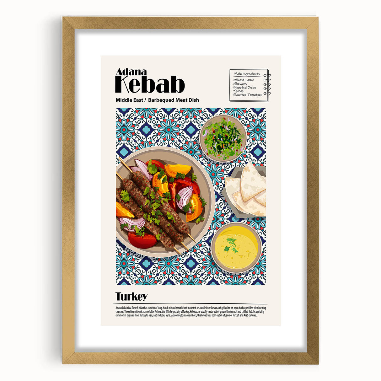 Extra large framed abstract art print featuring textured food dishes in gold tones, ideal for living room decor.
