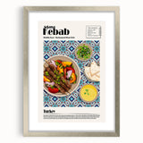 Textured abstract art print featuring various food dishes in muted earth tones, framed with a silver mat.
