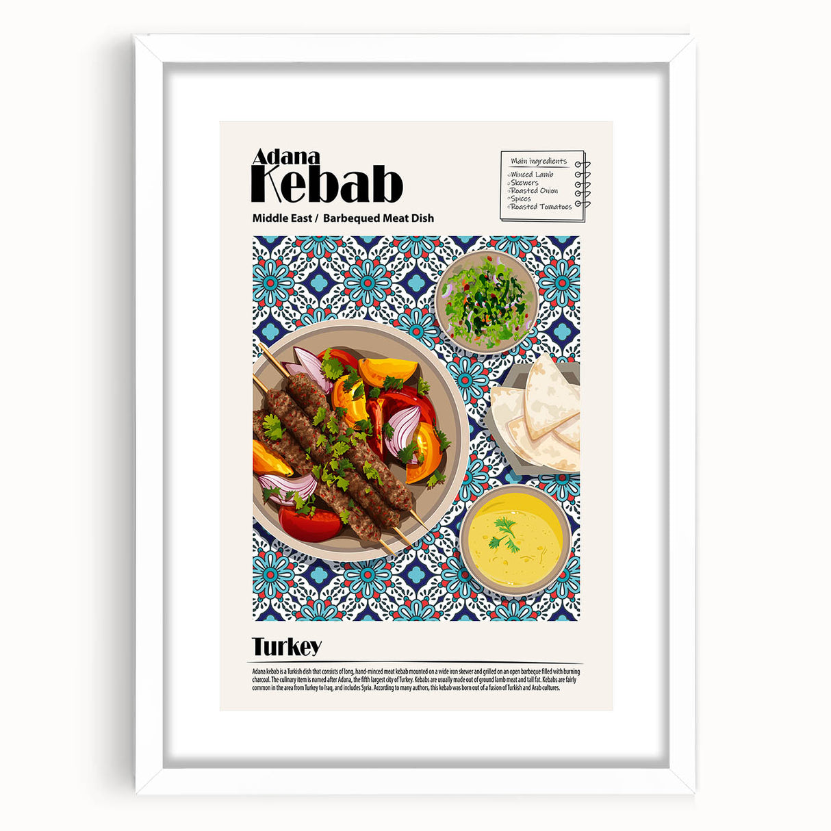 Abstract art print featuring assorted colorful food dishes on a white framed poster, ideal for dining room decor.