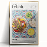 Mid-century modernist art featuring an array of food dishes in warm tones on a framed acrylic print.