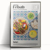 Mid-century modernist art featuring an array of stylized food dishes in bold colors.