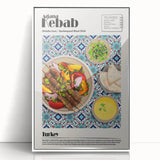 Framed acrylic modern art wall decor featuring a series of stylized food dishes in art deco style.