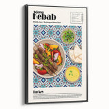 Black and white framed canvas featuring a vintage poster art of various food dishes, ideal for bedroom wall decor.