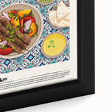 Close-up of black wall art featuring various colorful food dishes on textured framed canvas, ideal for living room decor.