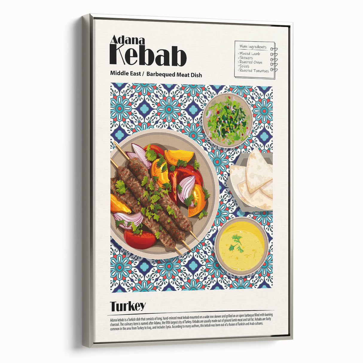 Landscape art painting of colorful food dishes on a framed canvas, ideal for kitchen decor.