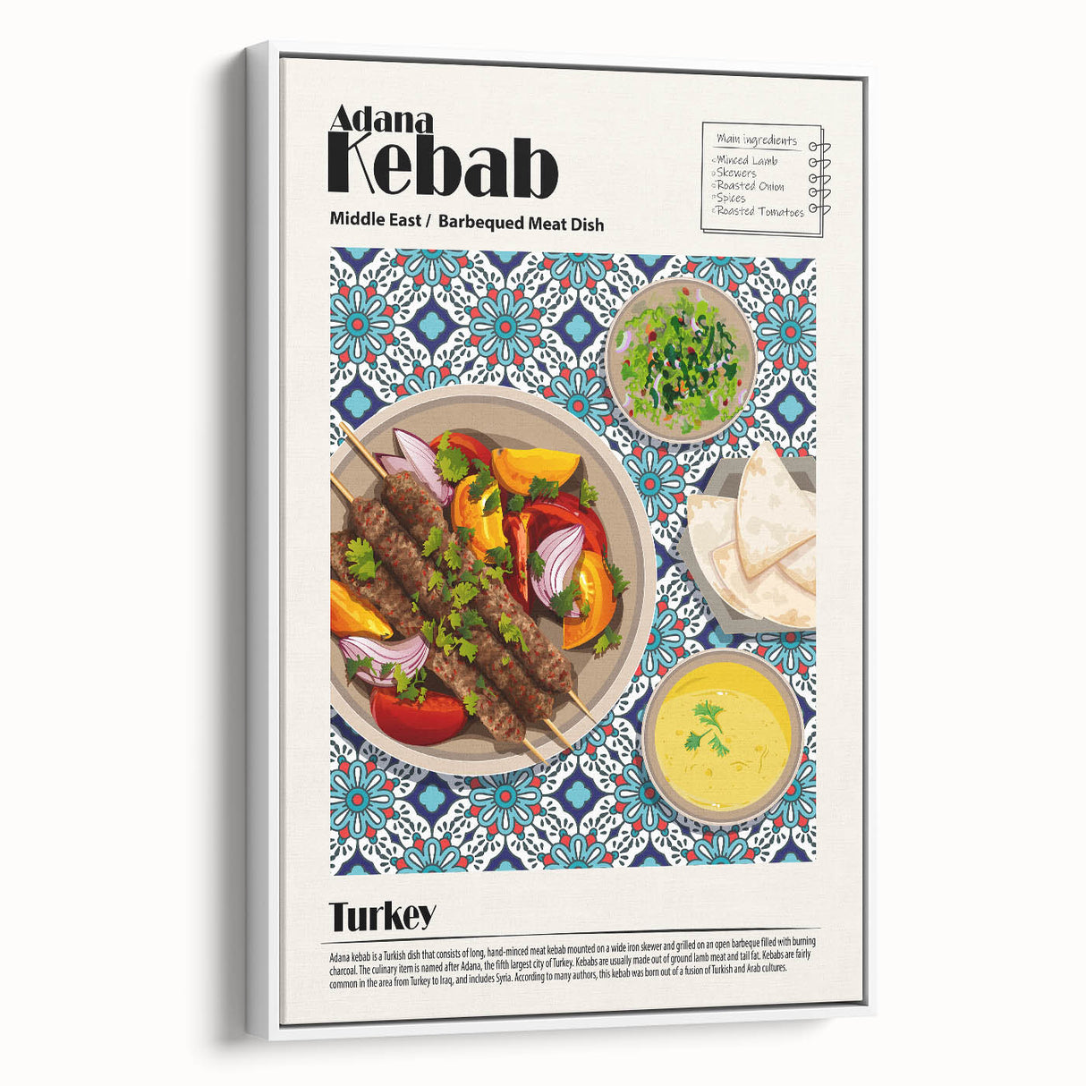 Vintage poster art of colorful food dishes on a framed canvas, ideal for extra large living room wall decor.