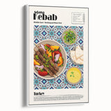 Vintage poster art of colorful food dishes on a framed canvas, ideal for extra large living room wall decor.