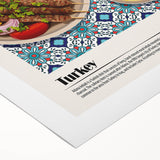 Art Deco poster featuring an array of stylized food dishes in muted tones on rolled canvas, ideal for dining room wall art.