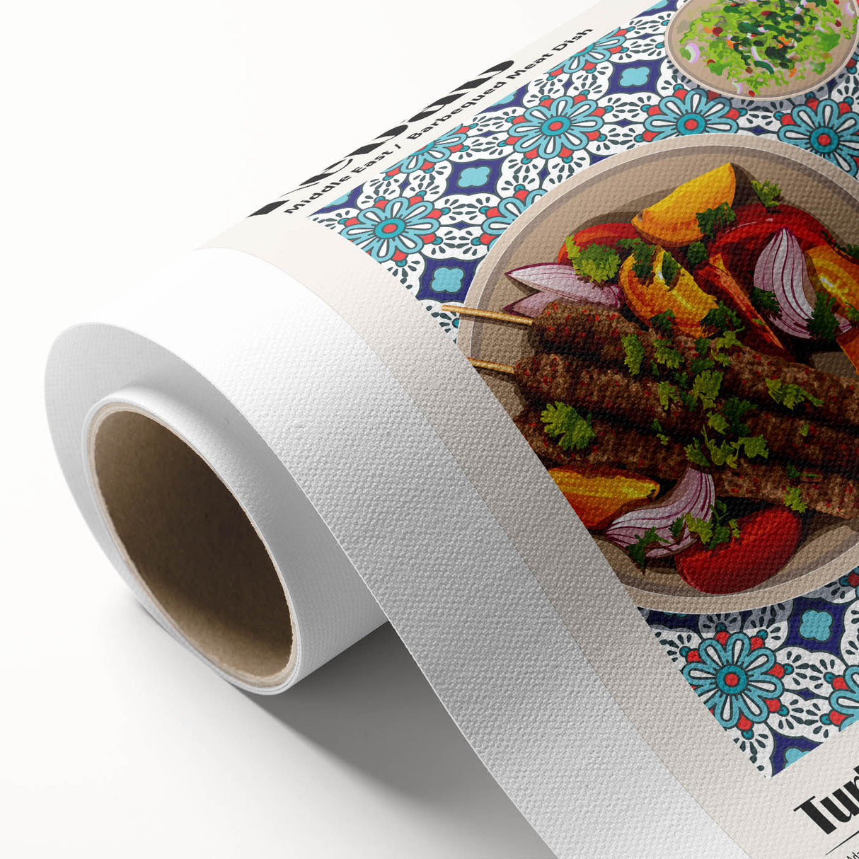 Art deco poster featuring an array of colorful food dishes on rolled canvas.