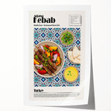 Rolled print featuring an assortment of detailed food dishes in muted earth tones, suitable for dining room decor.