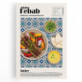 Black and white stretched canvas of various food dishes, ideal for kitchen wall art.