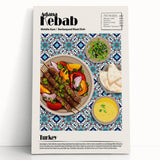 Black and white wall art of various food dishes on stretched canvas, ideal for kitchen wall art.