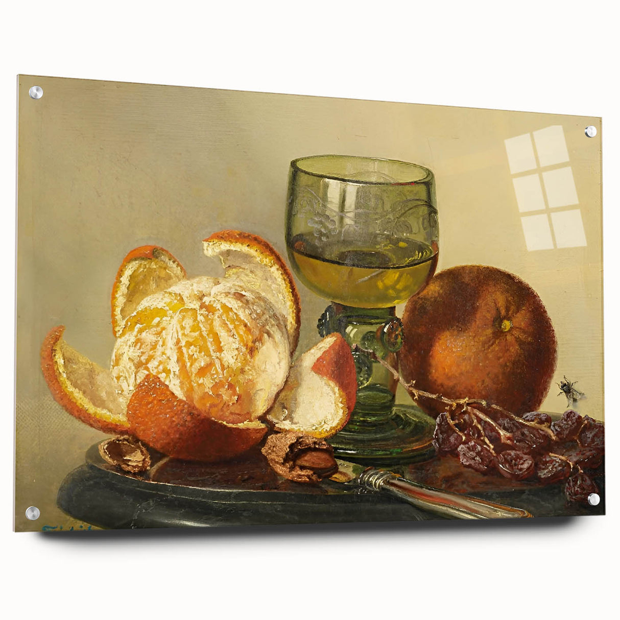 Large abstract wall art on acrylic glass depicting vibrant, colorful swirls, ideal for dining room decor.