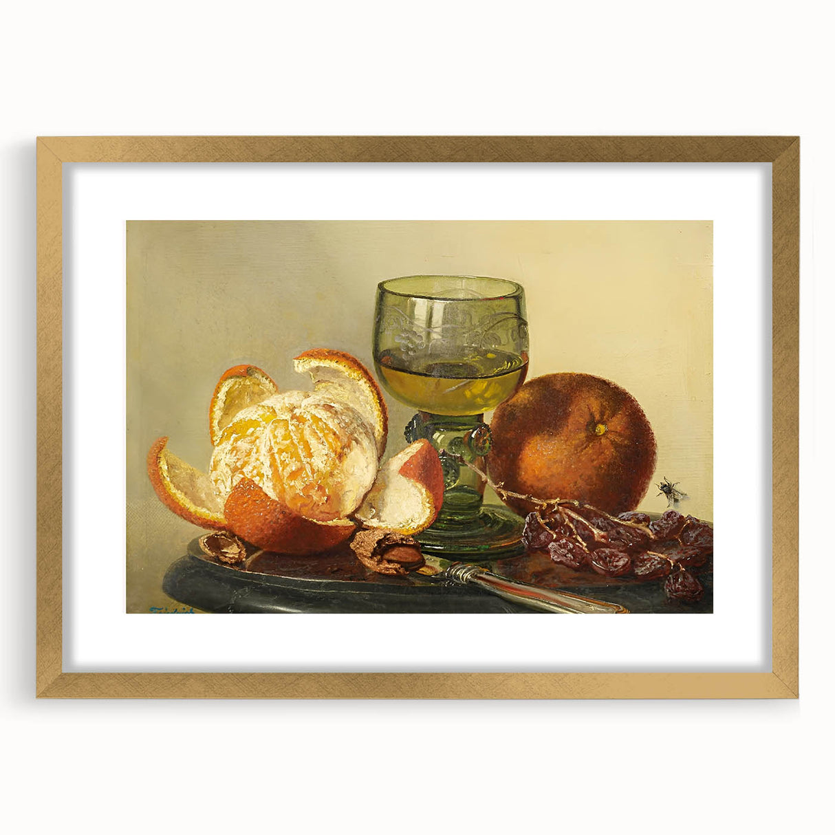 Extra large abstract art print featuring textured swirls in gold and cream, framed with a gold mat.