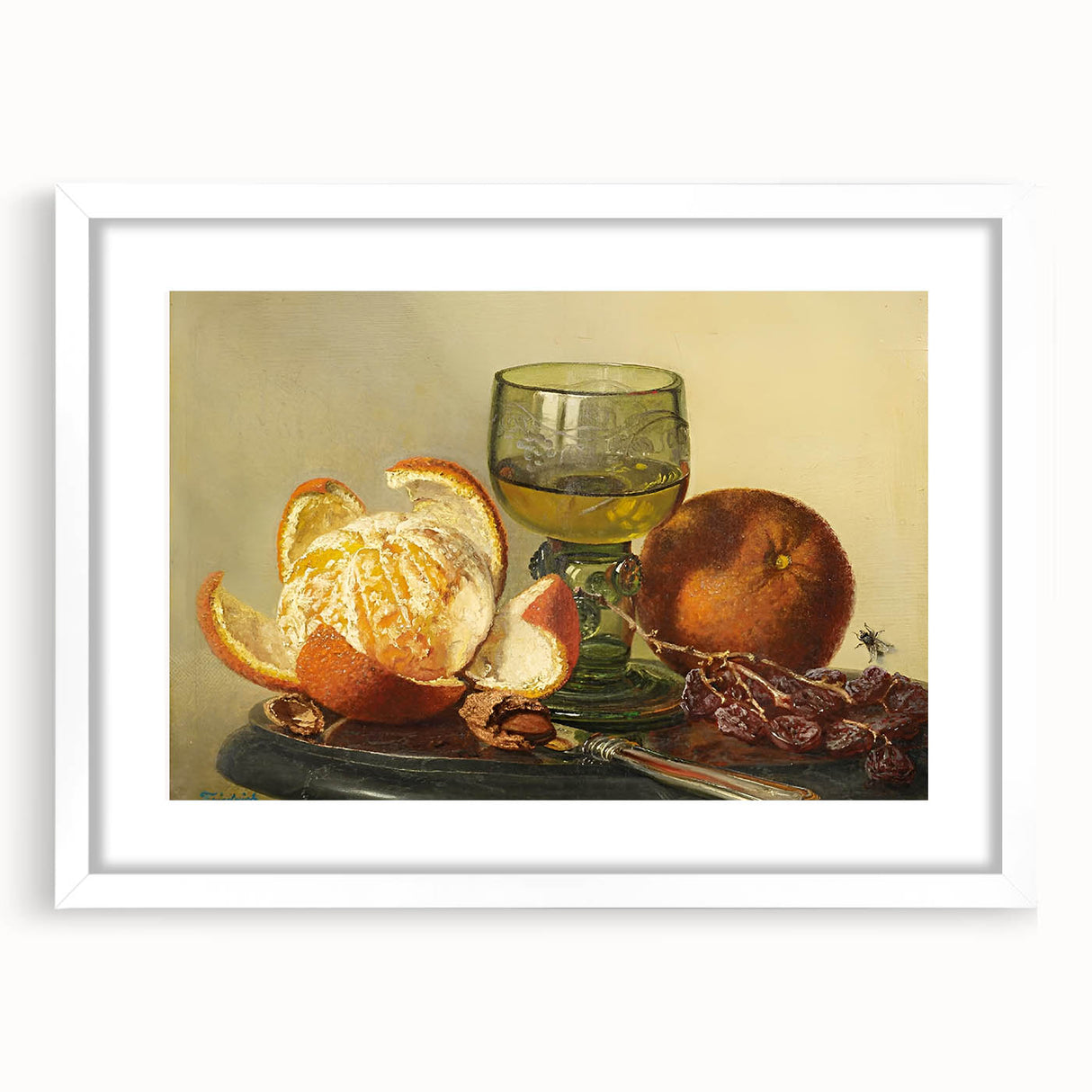 Abstract art print featuring swirling patterns in vibrant orange and red tones, framed with a white mat.
