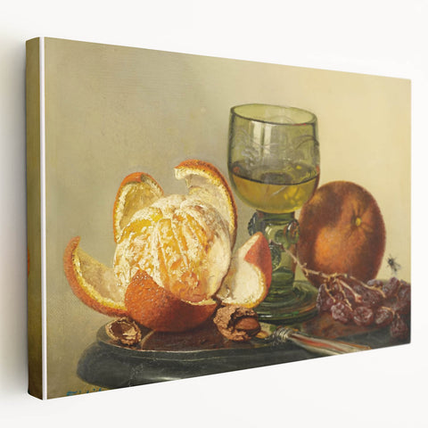 Large stretched canvas featuring a colorful illustration of various fruits and vegetables, ideal for kitchen wall art.